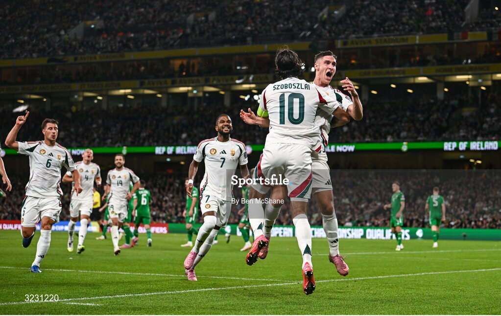 6 September 2025; Roland Sallai of Hungary celebrates with teammate Dominik Szoboszlai, 10, after scoring their side's second goal during the FIFA World Cup 2026 Group F qualifying match between Republic of Ireland and Hungary at the Aviva Stadium in Dublin. Photo by Ben McShane/Sportsfile