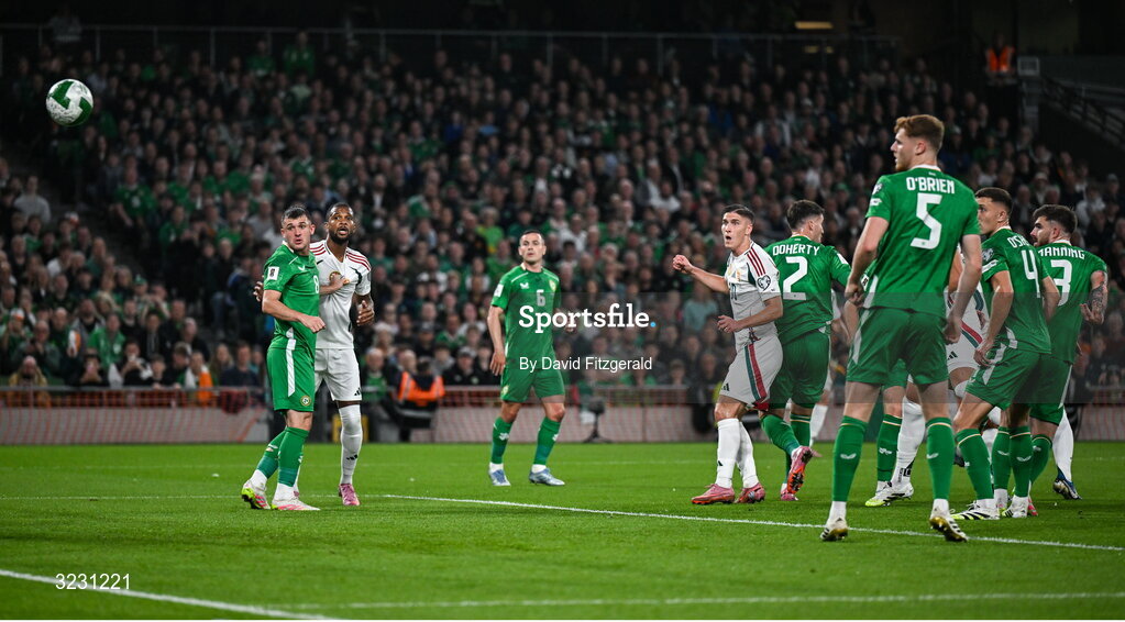 6 September 2025; Roland Sallai of Hungary, fourth from left, watches as his header goes onto the net for his side's second goal during the FIFA World Cup 2026 Group F qualifying match between Republic of Ireland and Hungary at the Aviva Stadium in Dublin. Photo by David Fitzgerald/Sportsfile