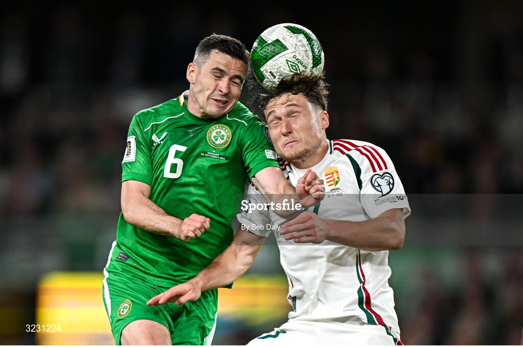 6 September 2025; Josh Cullen of Republic of Ireland and Callum Styles of Hungary during the FIFA World Cup 2026 Group F qualifying match between Republic of Ireland and Hungary at the Aviva Stadium in Dublin. Photo by Seb Daly/Sportsfile