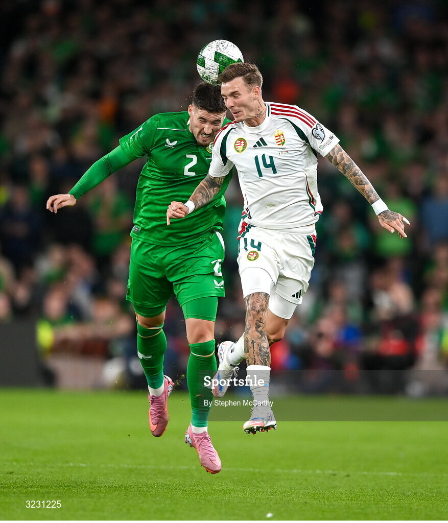 6 September 2025; Matt Doherty of Republic of Ireland in action against Bendegúz Bolla of Hungary during the FIFA World Cup 2026 Group F qualifying match between Republic of Ireland and Hungary at the Aviva Stadium in Dublin. Photo by Stephen McCarthy/Sportsfile