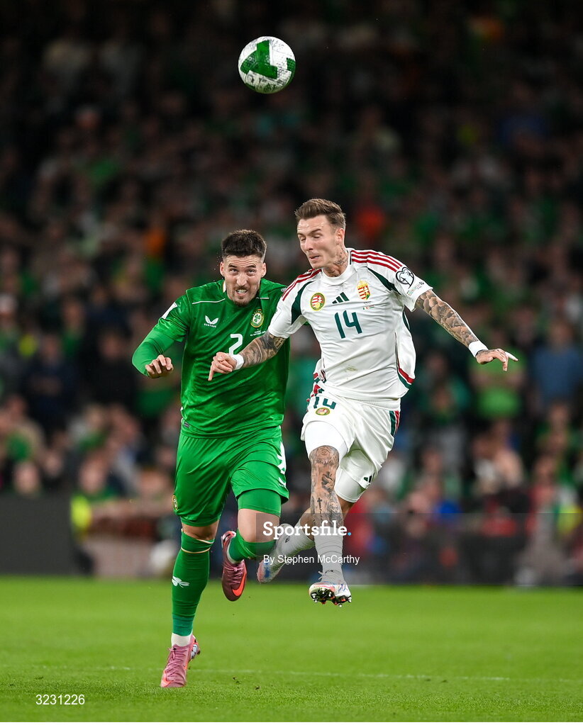 6 September 2025; Matt Doherty of Republic of Ireland in action against Bendegúz Bolla of Hungary during the FIFA World Cup 2026 Group F qualifying match between Republic of Ireland and Hungary at the Aviva Stadium in Dublin. Photo by Stephen McCarthy/Sportsfile