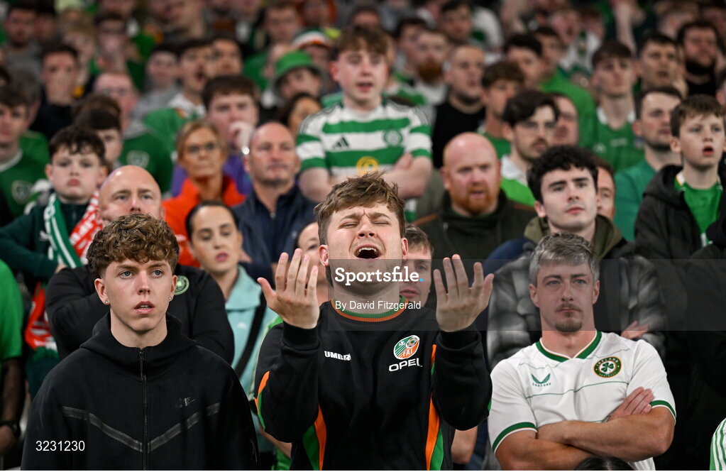 6 September 2025; Republic of Ireland supporters react during the FIFA World Cup 2026 Group F qualifying match between Republic of Ireland and Hungary at the Aviva Stadium in Dublin. Photo by David Fitzgerald/Sportsfile