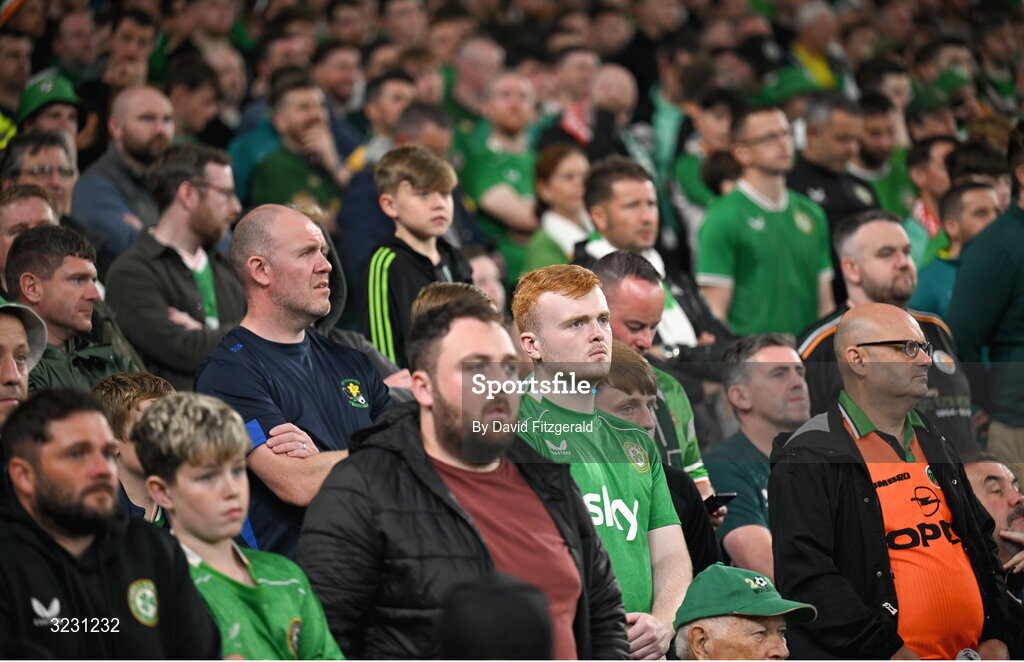 6 September 2025; Republic of Ireland supporters react during the FIFA World Cup 2026 Group F qualifying match between Republic of Ireland and Hungary at the Aviva Stadium in Dublin. Photo by David Fitzgerald/Sportsfile