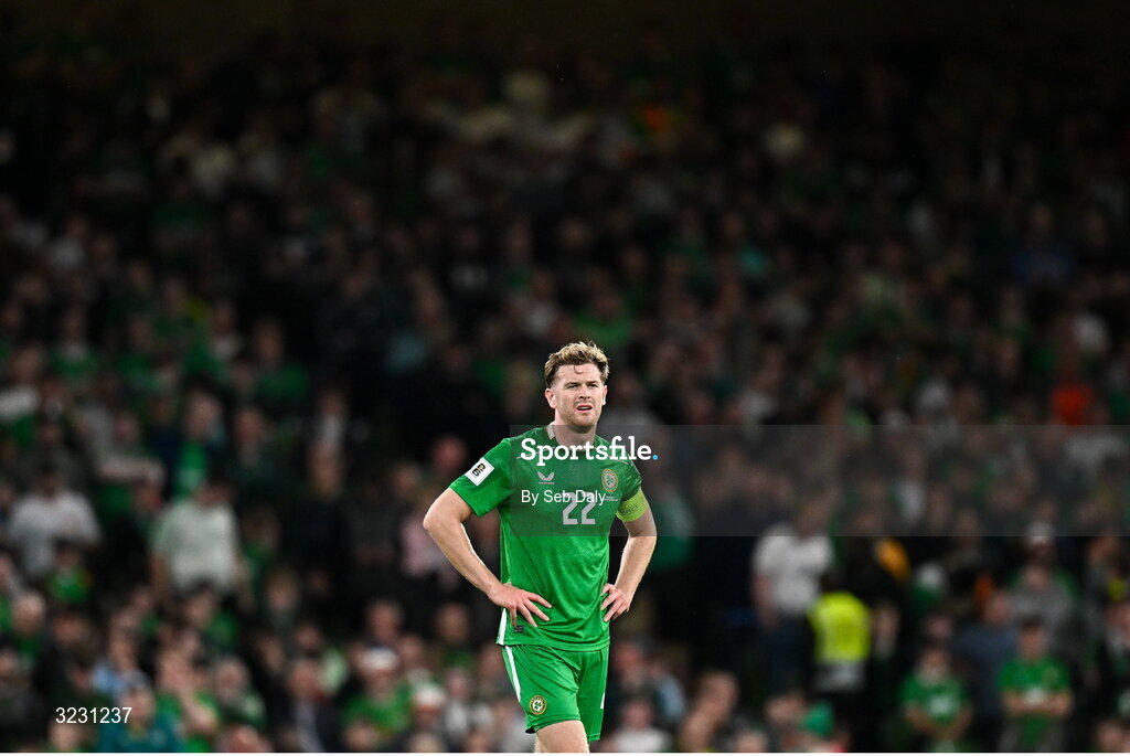 6 September 2025; Nathan Collins of Republic of Ireland during the FIFA World Cup 2026 Group F qualifying match between Republic of Ireland and Hungary at the Aviva Stadium in Dublin. Photo by Seb Daly/Sportsfile