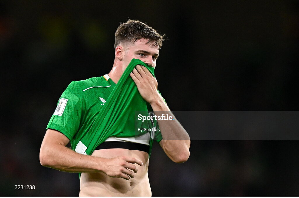 6 September 2025; Evan Ferguson of Republic of Ireland during the FIFA World Cup 2026 Group F qualifying match between Republic of Ireland and Hungary at the Aviva Stadium in Dublin. Photo by Seb Daly/Sportsfile