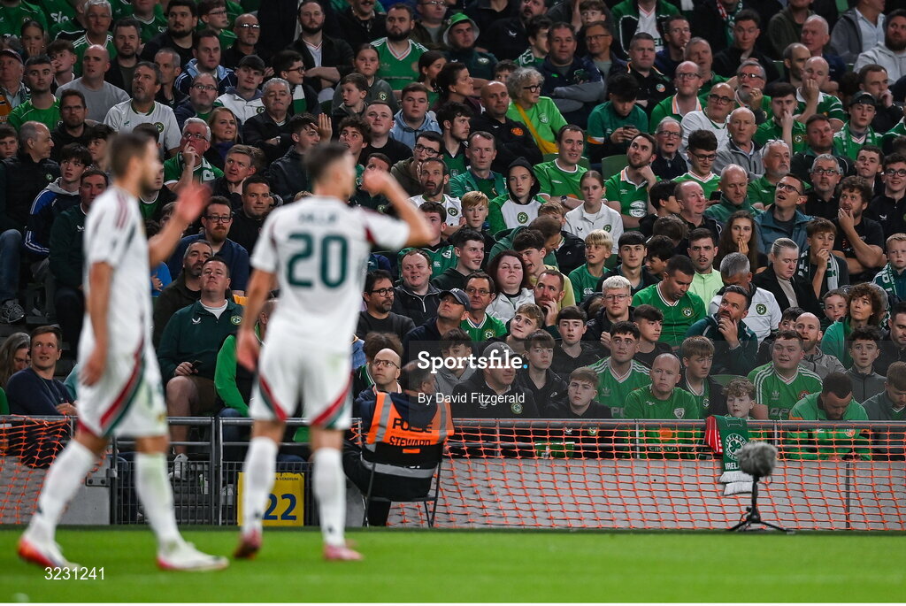 6 September 2025; Republic of Ireland supporters react as Roland Sallai of Hungary, 20, celebrates his side's second goal during the FIFA World Cup 2026 Group F qualifying match between Republic of Ireland and Hungary at the Aviva Stadium in Dublin. Photo by David Fitzgerald/Sportsfile