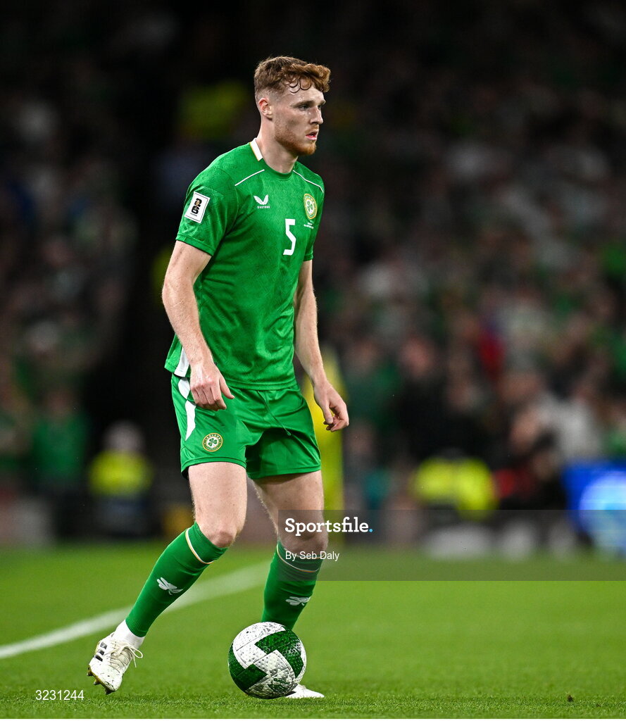 6 September 2025; Jake O'Brien of Republic of Ireland during the FIFA World Cup 2026 Group F qualifying match between Republic of Ireland and Hungary at the Aviva Stadium in Dublin. Photo by Seb Daly/Sportsfile