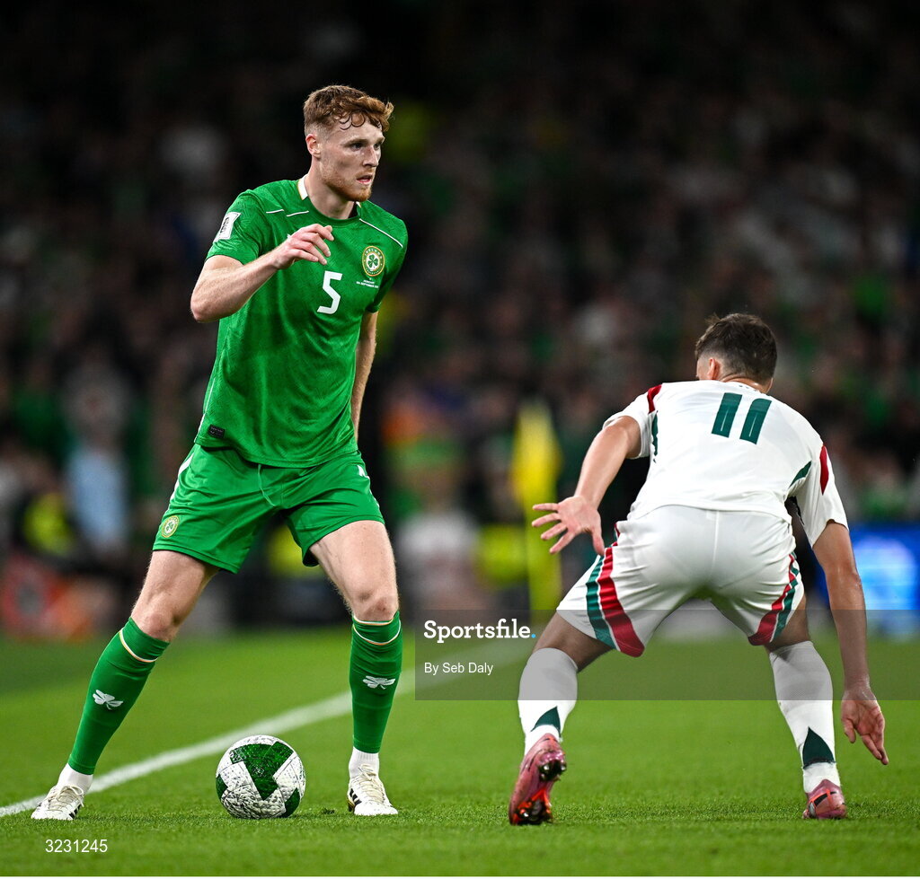 6 September 2025; Jake O'Brien of Republic of Ireland in action against Milos Kerkez of Hungary during the FIFA World Cup 2026 Group F qualifying match between Republic of Ireland and Hungary at the Aviva Stadium in Dublin. Photo by Seb Daly/Sportsfile