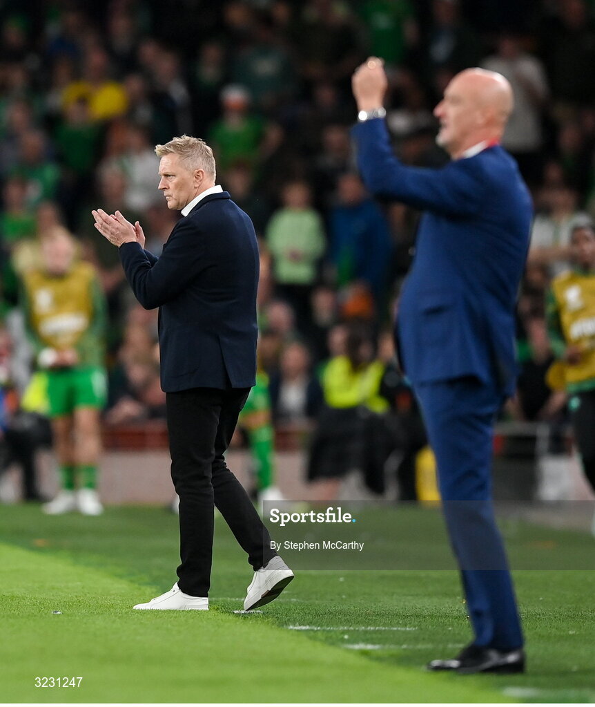 6 September 2025; Republic of Ireland head coach Heimir Hallgrimsson, left, and Hungary head coach Marco Rossi during the FIFA World Cup 2026 Group F qualifying match between Republic of Ireland and Hungary at the Aviva Stadium in Dublin. Photo by Stephen McCarthy/Sportsfile