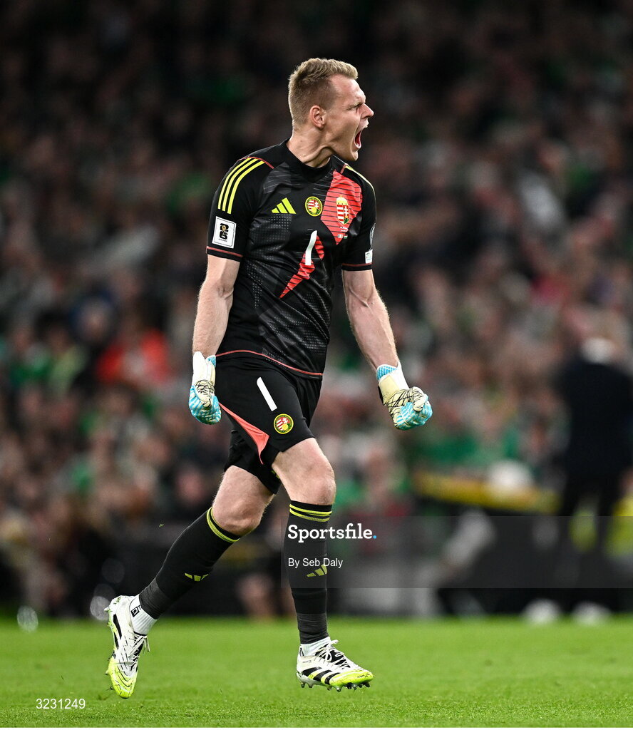 6 September 2025; Hungary goalkeeper Dénes Dibusz celebrates his side's second goal during the FIFA World Cup 2026 Group F qualifying match between Republic of Ireland and Hungary at the Aviva Stadium in Dublin. Photo by Seb Daly/Sportsfile