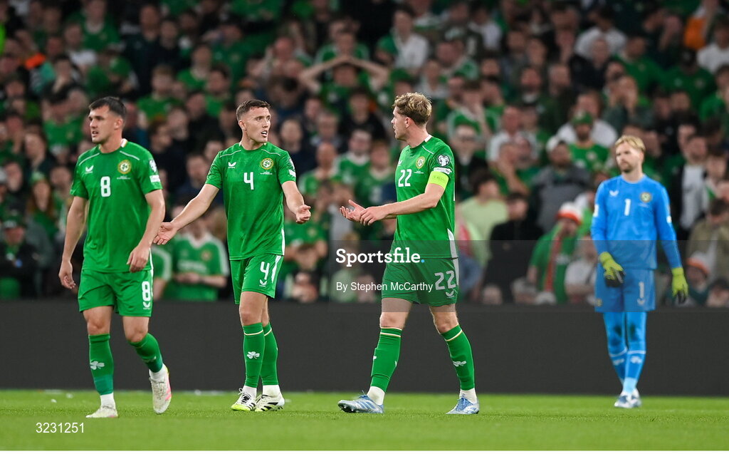 6 September 2025; Republic of Ireland players, from left, Jason Knight, Dara O'Shea and Nathan Collins react as Hungary celebrate their second goal during the FIFA World Cup 2026 Group F qualifying match between Republic of Ireland and Hungary at the Aviva Stadium in Dublin. Photo by Stephen McCarthy/Sportsfile