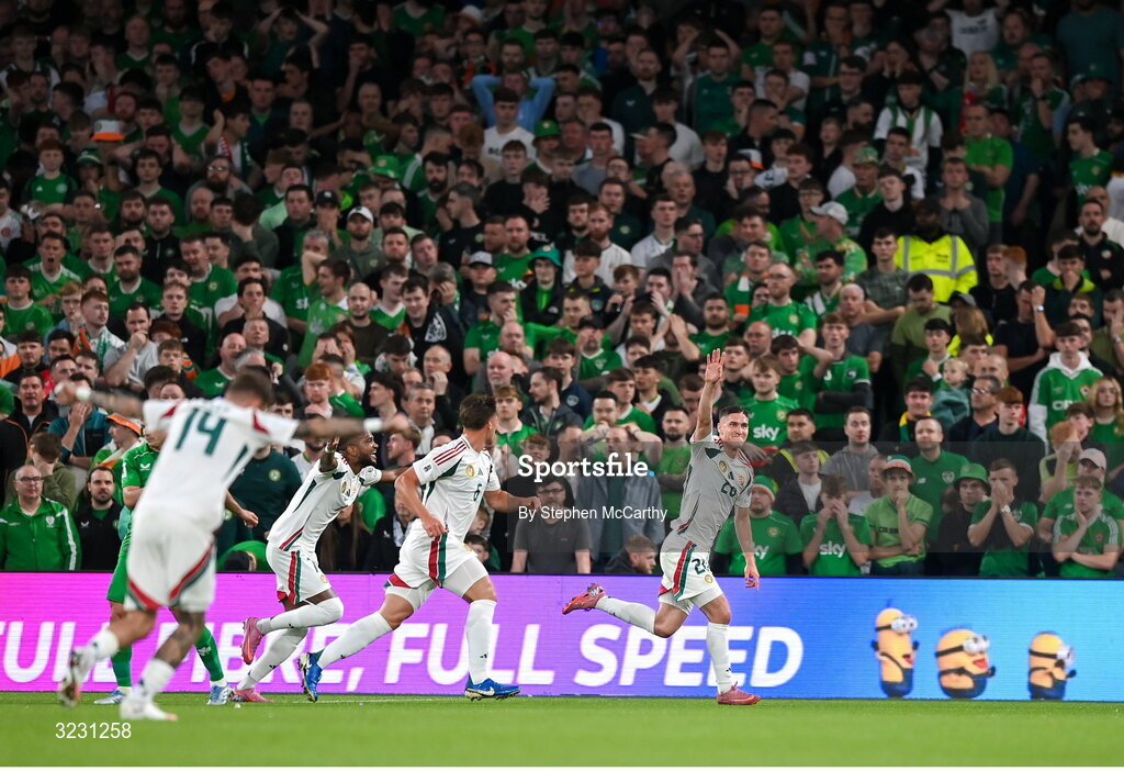 6 September 2025; Roland Sallai of Hungary celebrates after scoring his side's first goal during the FIFA World Cup 2026 Group F qualifying match between Republic of Ireland and Hungary at the Aviva Stadium in Dublin. Photo by Stephen McCarthy/Sportsfile