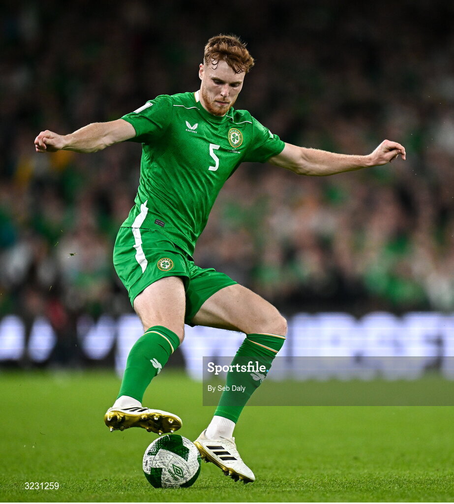 6 September 2025; Jake O'Brien of Republic of Ireland during the FIFA World Cup 2026 Group F qualifying match between Republic of Ireland and Hungary at the Aviva Stadium in Dublin. Photo by Seb Daly/Sportsfile