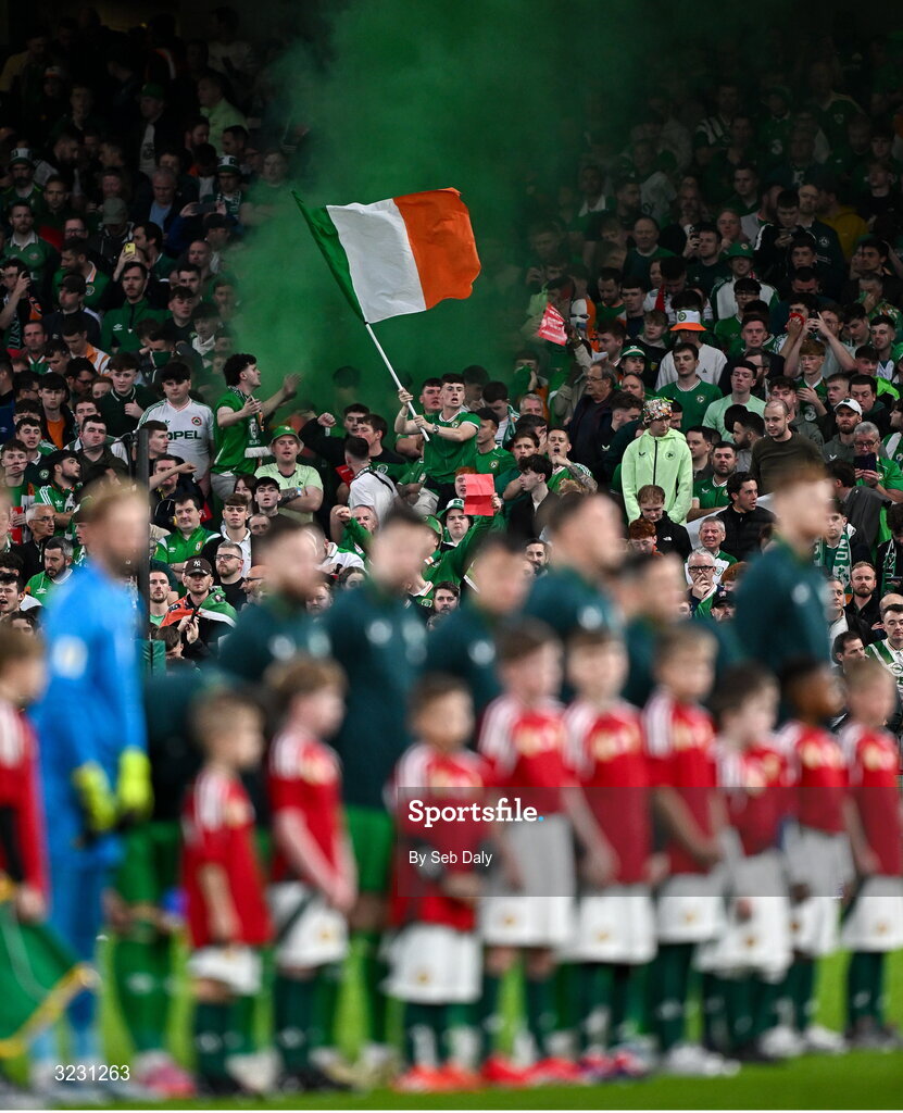 6 September 2025; Republic of Ireland players during the playing of the national anthems before the FIFA World Cup 2026 Group F qualifying match between Republic of Ireland and Hungary at the Aviva Stadium in Dublin. Photo by Seb Daly/Sportsfile