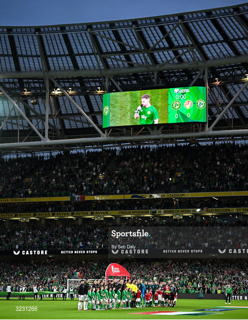 6 September 2025; A general view of the stadium during the playing of the national anthems before the FIFA World Cup 2026 Group F qualifying match between Republic of Ireland and Hungary at the Aviva Stadium in Dublin. Photo by Seb Daly/Sportsfile
