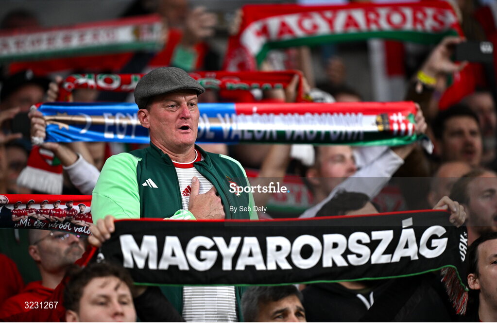 6 September 2025; A Hungary supporter before the FIFA World Cup 2026 Group F qualifying match between Republic of Ireland and Hungary at the Aviva Stadium in Dublin. Photo by Seb Daly/Sportsfile