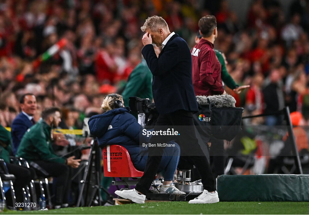 6 September 2025; Republic of Ireland head coach Heimir Hallgrimsson reacts during the FIFA World Cup 2026 Group F qualifying match between Republic of Ireland and Hungary at the Aviva Stadium in Dublin. Photo by Ben McShane/Sportsfile