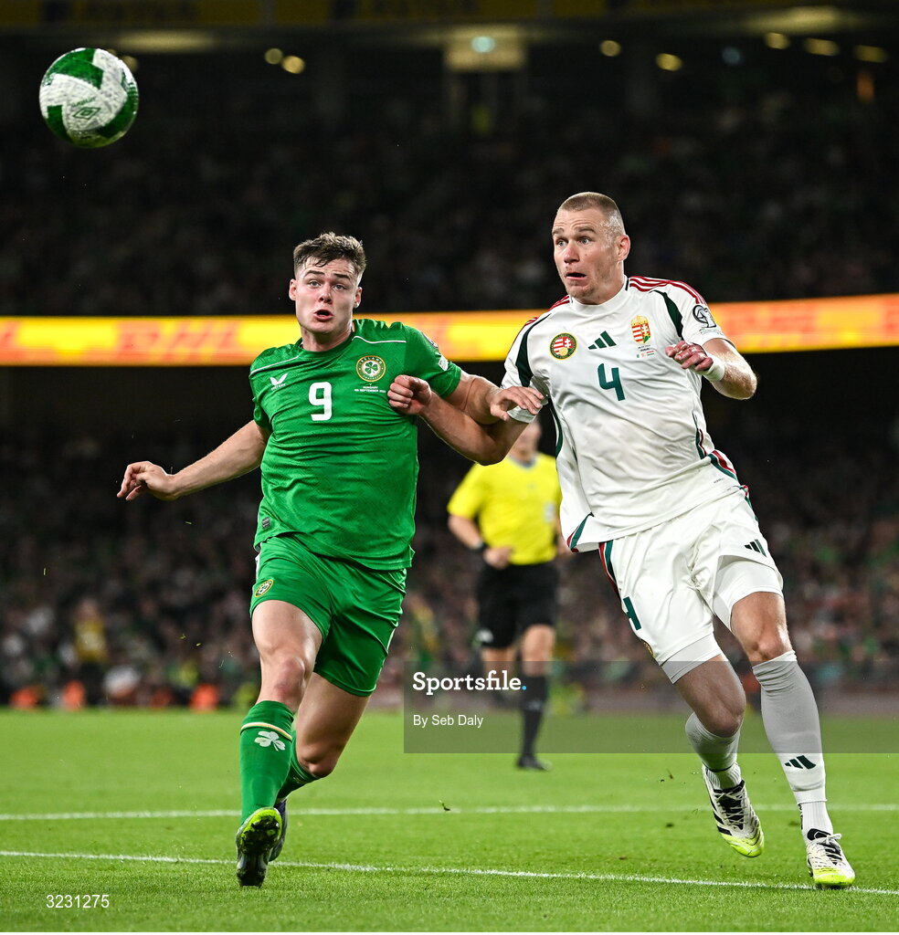 6 September 2025; Evan Ferguson of Republic of Ireland in action against Attila Szalai of Hungary during the FIFA World Cup 2026 Group F qualifying match between Republic of Ireland and Hungary at the Aviva Stadium in Dublin. Photo by Seb Daly/Sportsfile