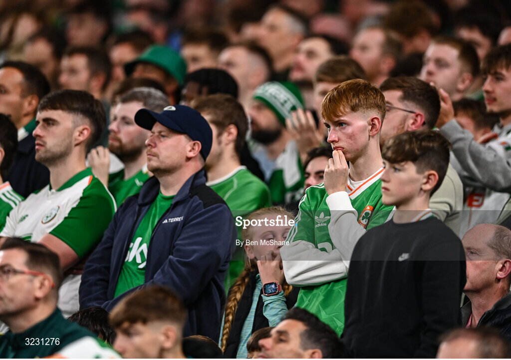 6 September 2025; Republic of Ireland supporters during the FIFA World Cup 2026 Group F qualifying match between Republic of Ireland and Hungary at the Aviva Stadium in Dublin. Photo by Ben McShane/Sportsfile