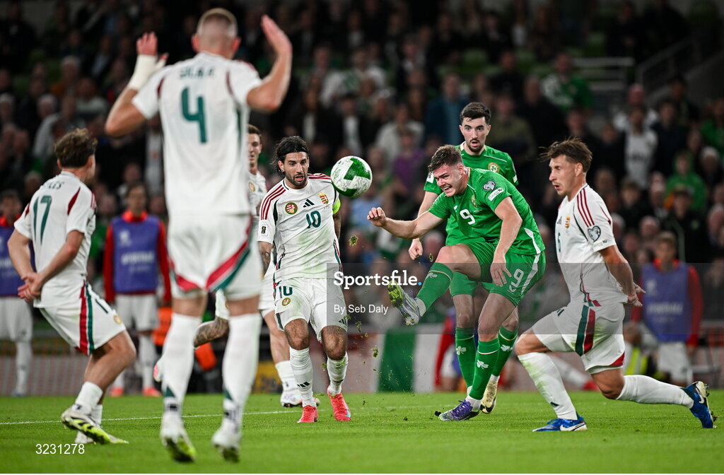 6 September 2025; Evan Ferguson of Republic of Ireland in action against Willi Orbán of Hungary during the FIFA World Cup 2026 Group F qualifying match between Republic of Ireland and Hungary at the Aviva Stadium in Dublin. Photo by Seb Daly/Sportsfile