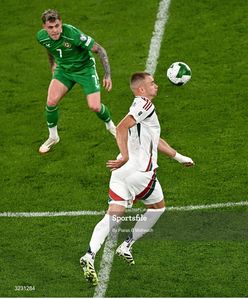 6 September 2025; Attila Szalai of Hungary during the FIFA World Cup 2026 Group F qualifying match between Republic of Ireland and Hungary at the Aviva Stadium in Dublin. Photo by Piaras Ó Mídheach/Sportsfile
