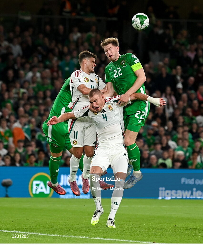 6 September 2025; Nathan Collins of Republic of Ireland in action against Attila Szalai and Milos Kerkez of Hungary during the FIFA World Cup 2026 Group F qualifying match between Republic of Ireland and Hungary at the Aviva Stadium in Dublin. Photo by Stephen McCarthy/Sportsfile