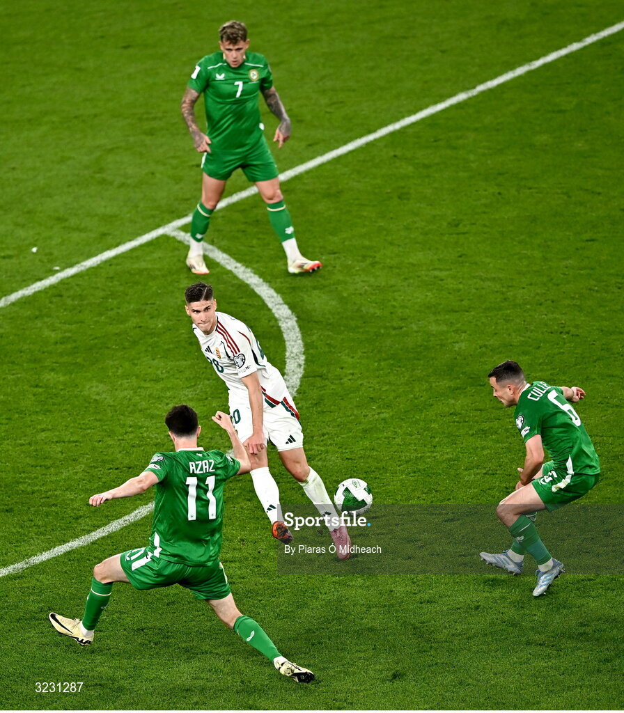 6 September 2025; Roland Sallai of Hungary in action against Finn Azaz of Republic of Ireland during the FIFA World Cup 2026 Group F qualifying match between Republic of Ireland and Hungary at the Aviva Stadium in Dublin. Photo by Piaras Ó Mídheach/Sportsfile