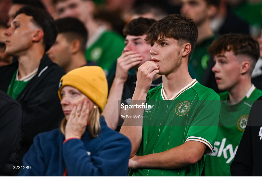 6 September 2025; Republic of Ireland supporters react during the FIFA World Cup 2026 Group F qualifying match between Republic of Ireland and Hungary at the Aviva Stadium in Dublin. Photo by Ben McShane/Sportsfile