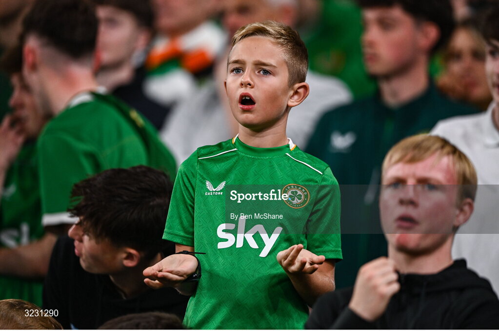 6 September 2025; Republic of Ireland supporters react during the FIFA World Cup 2026 Group F qualifying match between Republic of Ireland and Hungary at the Aviva Stadium in Dublin. Photo by Ben McShane/Sportsfile