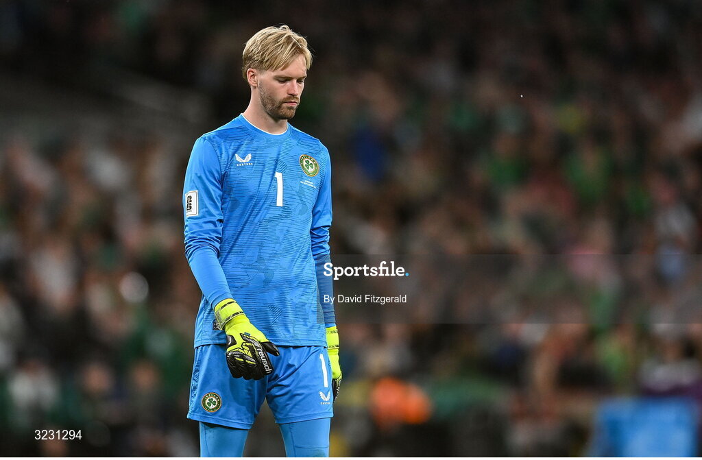 6 September 2025; Republic of Ireland goalkeeper Caoimhin Kelleher reacts during the FIFA World Cup 2026 Group F qualifying match between Republic of Ireland and Hungary at the Aviva Stadium in Dublin. Photo by David Fitzgerald/Sportsfile
