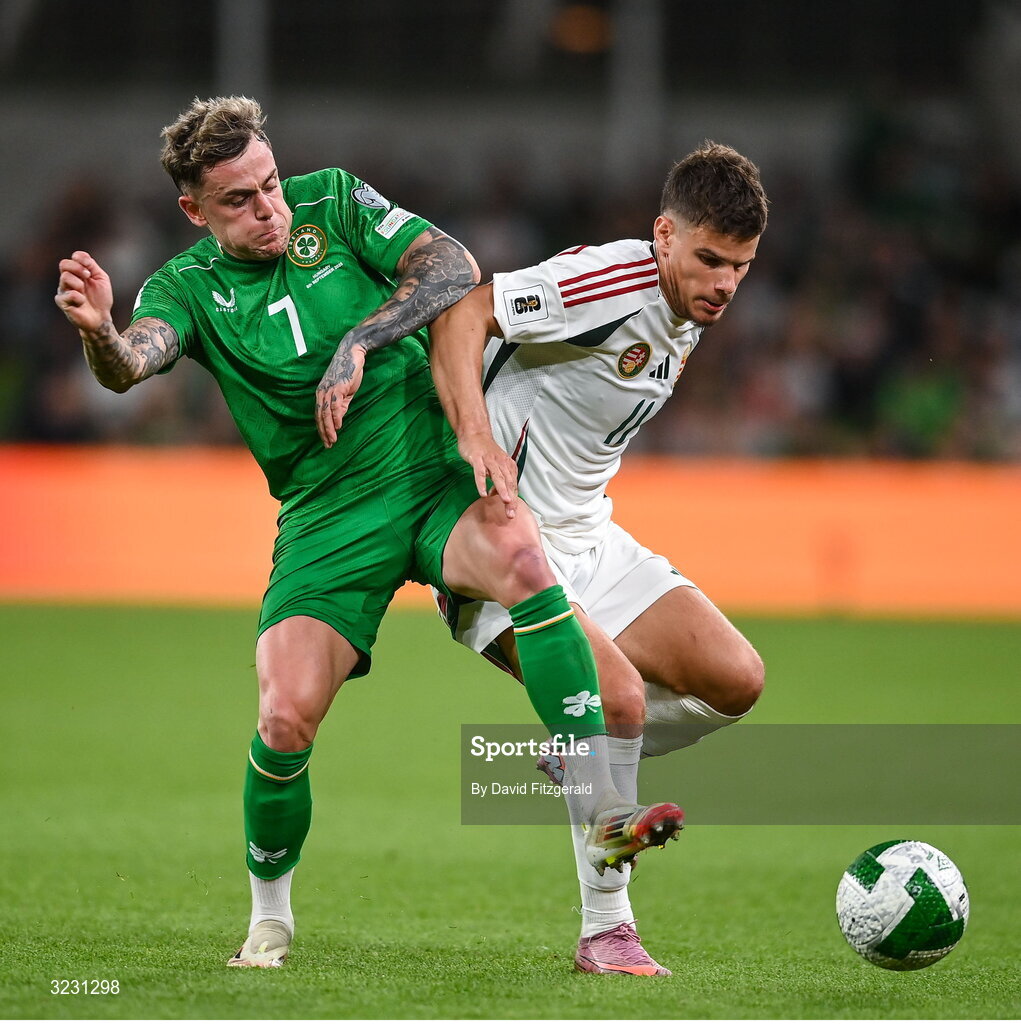 6 September 2025; Milos Kerkez of Hungary in action against Sammie Szmodics of Republic of Ireland during the FIFA World Cup 2026 Group F qualifying match between Republic of Ireland and Hungary at the Aviva Stadium in Dublin. Photo by David Fitzgerald/Sportsfile