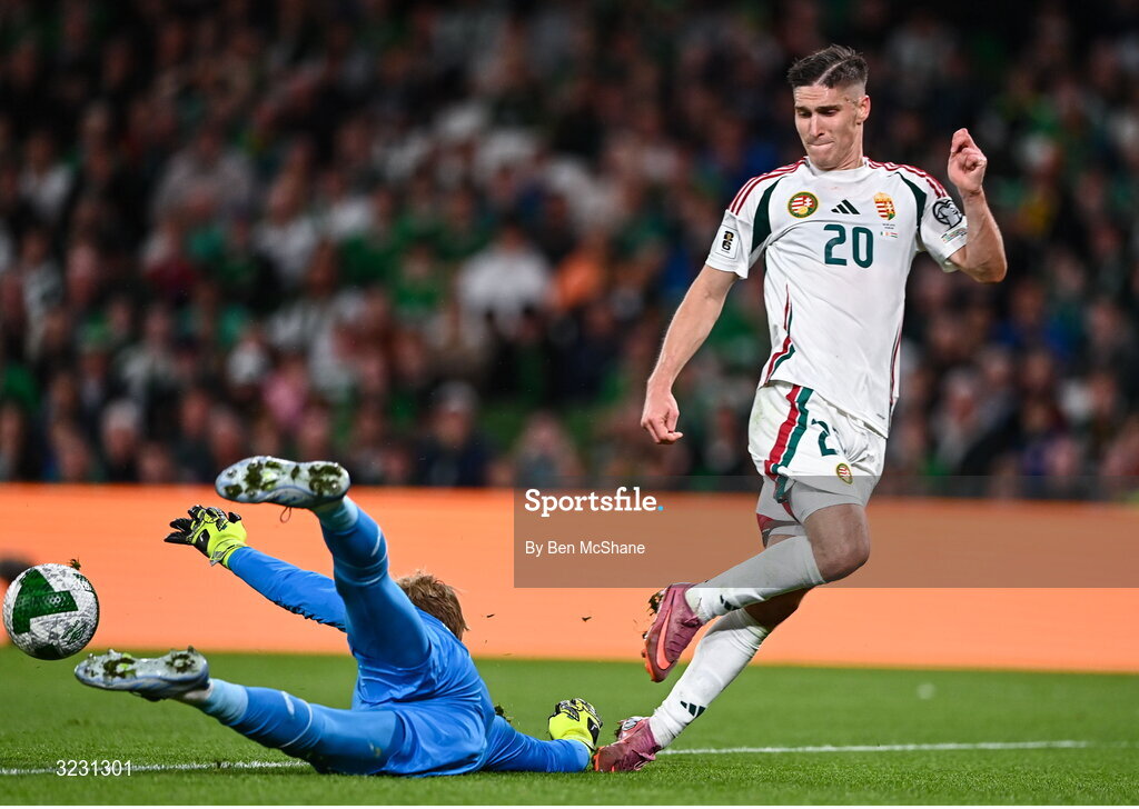 6 September 2025; Roland Sallai of Hungary has a shot saved by Republic of Ireland goalkeeper Caoimhin Kelleher during the FIFA World Cup 2026 Group F qualifying match between Republic of Ireland and Hungary at the Aviva Stadium in Dublin. Photo by Ben McShane/Sportsfile