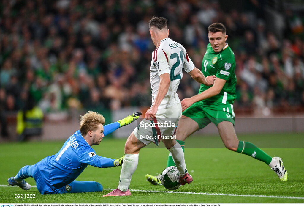 6 September 2025; Republic of Ireland goalkeeper Caoimhin Kelleher makes a save from Roland Sallai of Hungary during the FIFA World Cup 2026 Group F qualifying match between Republic of Ireland and Hungary at the Aviva Stadium in Dublin. Photo by David Fitzgerald/Sportsfile