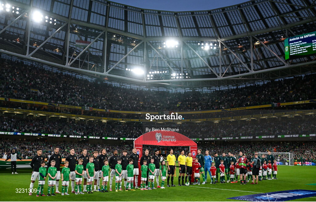6 September 2025; The teams line up for the national anthems before the FIFA World Cup 2026 Group F qualifying match between Republic of Ireland and Hungary at the Aviva Stadium in Dublin. Photo by Ben McShane/Sportsfile