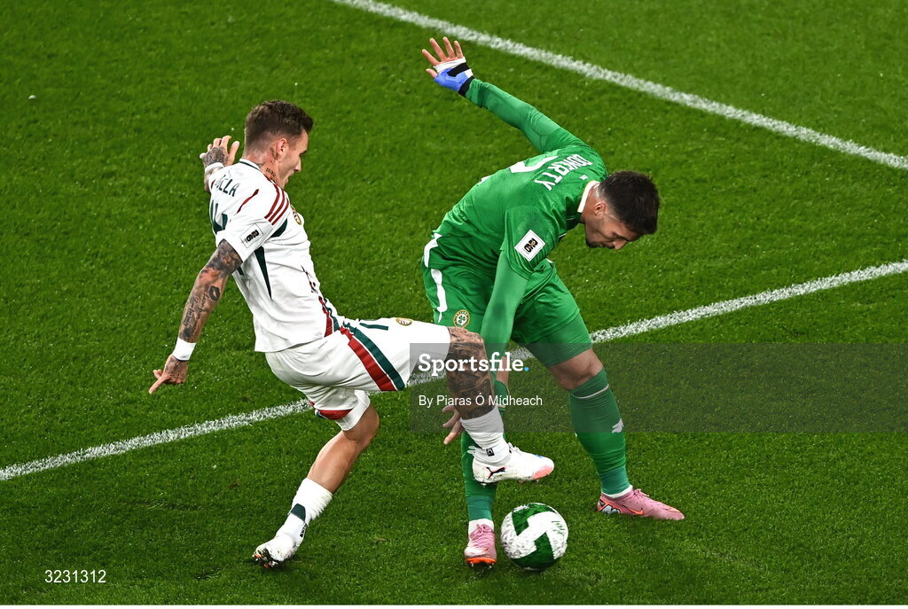 6 September 2025; Matt Doherty of Republic of Ireland in action against Bendegúz Bolla of Hungary during the FIFA World Cup 2026 Group F qualifying match between Republic of Ireland and Hungary at the Aviva Stadium in Dublin. Photo by Piaras Ó Mídheach/Sportsfile