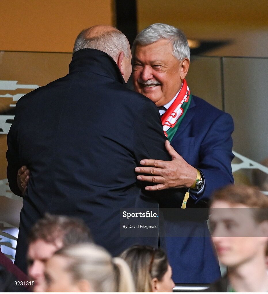 6 September 2025; Former FAI president Gerry McAnaney, left, and Hungarian Football Association president Sándor Csányi before the FIFA World Cup 2026 Group F qualifying match between Republic of Ireland and Hungary at the Aviva Stadium in Dublin. Photo by David Fitzgerald/Sportsfile