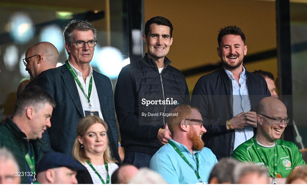 6 September 2025; Minister for Public Expenditure, Infrastructure, Public Service Reform and Digitalisation Jack Chambers TD, centre, during the FIFA World Cup 2026 Group F qualifying match between Republic of Ireland and Hungary at the Aviva Stadium in Dublin. Photo by David Fitzgerald/Sportsfile