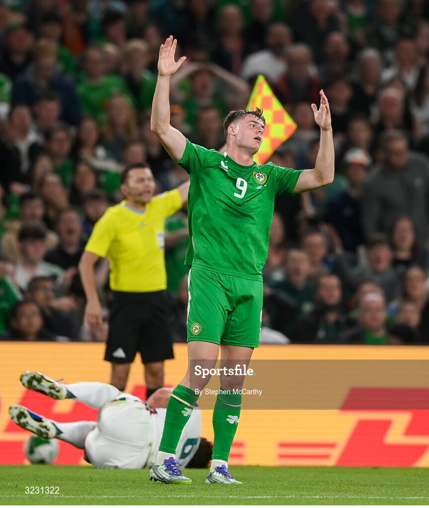 6 September 2025; Evan Ferguson of Republic of Ireland reacts during the FIFA World Cup 2026 Group F qualifying match between Republic of Ireland and Hungary at the Aviva Stadium in Dublin. Photo by Stephen McCarthy/Sportsfile