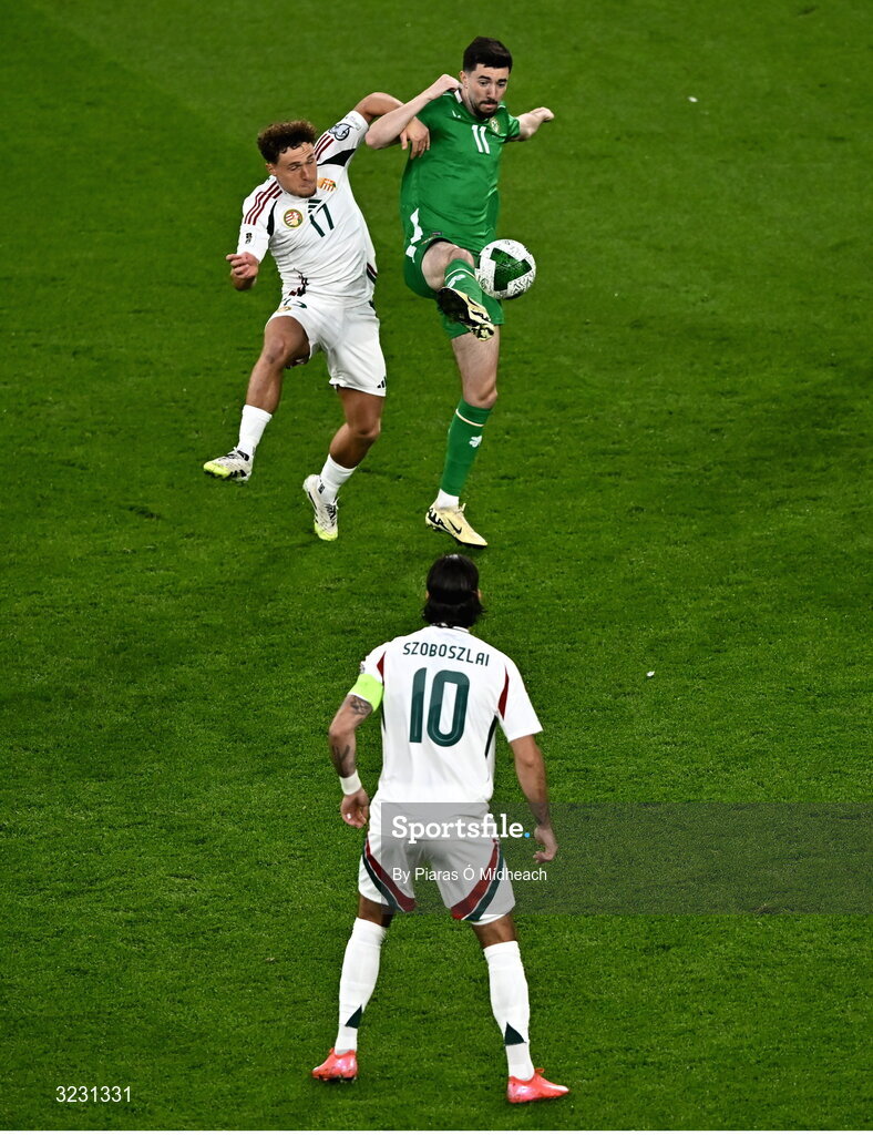 6 September 2025; Finn Azaz of Republic of Ireland in action against Callum Styles of Hungary during the FIFA World Cup 2026 Group F qualifying match between Republic of Ireland and Hungary at the Aviva Stadium in Dublin. Photo by Piaras Ó Mídheach/Sportsfile