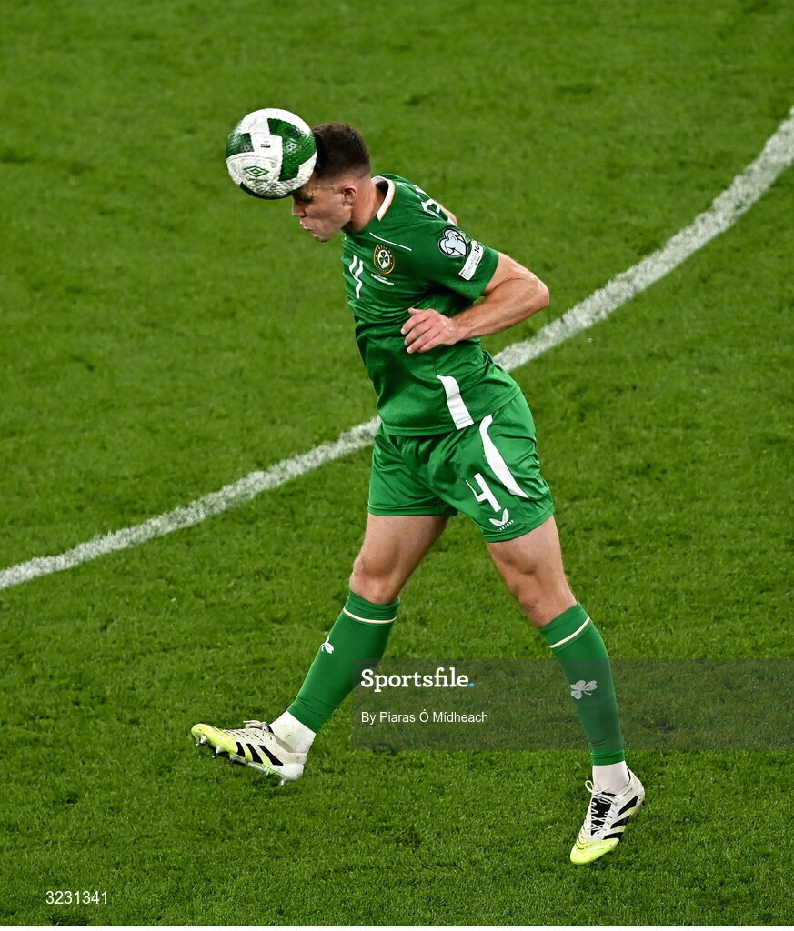 6 September 2025; Dara O'Shea of Republic of Ireland during the FIFA World Cup 2026 Group F qualifying match between Republic of Ireland and Hungary at the Aviva Stadium in Dublin. Photo by Piaras Ó Mídheach/Sportsfile