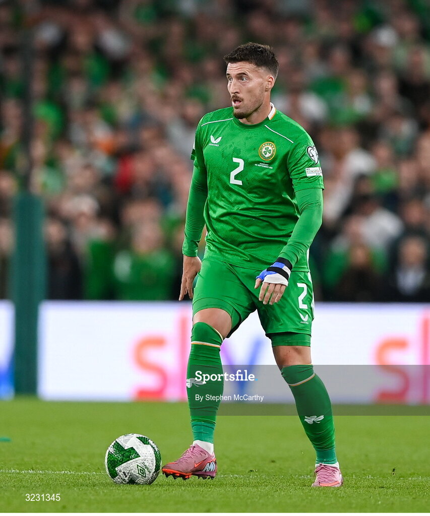 6 September 2025; Matt Doherty of Republic of Ireland during the FIFA World Cup 2026 Group F qualifying match between Republic of Ireland and Hungary at the Aviva Stadium in Dublin. Photo by Stephen McCarthy/Sportsfile