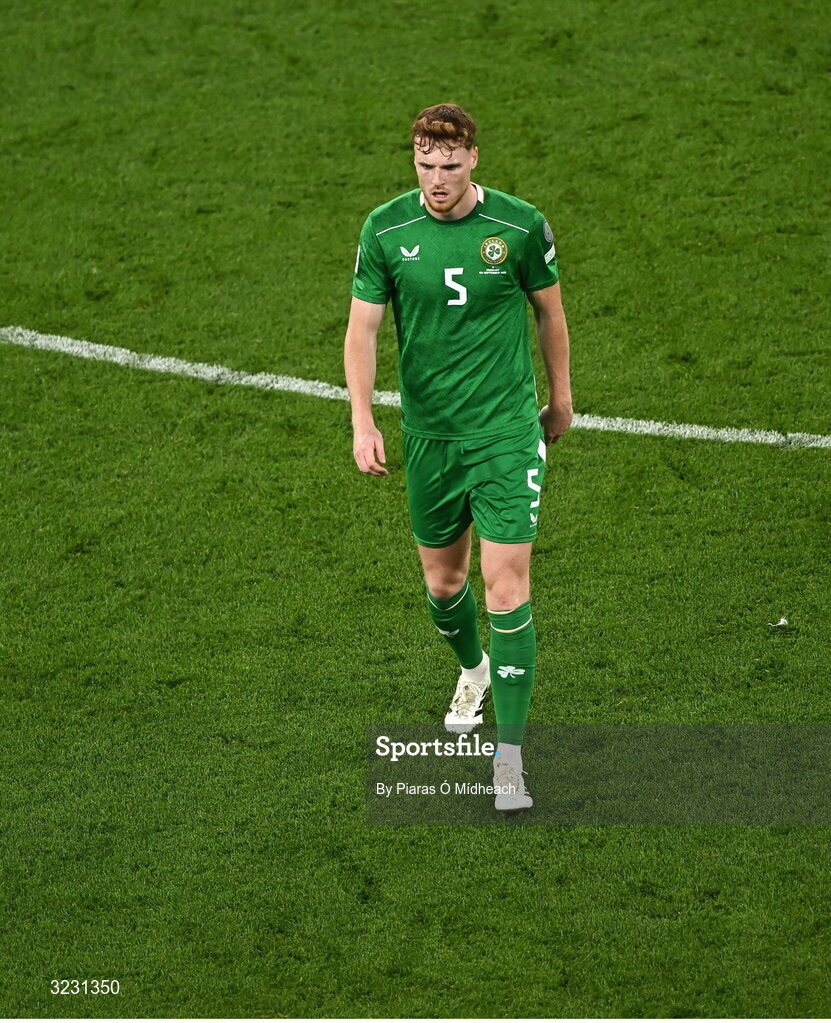 6 September 2025; Jake O'Brien of Republic of Ireland leaves the pitch at half-time during the FIFA World Cup 2026 Group F qualifying match between Republic of Ireland and Hungary at the Aviva Stadium in Dublin. Photo by Piaras Ó Mídheach/Sportsfile