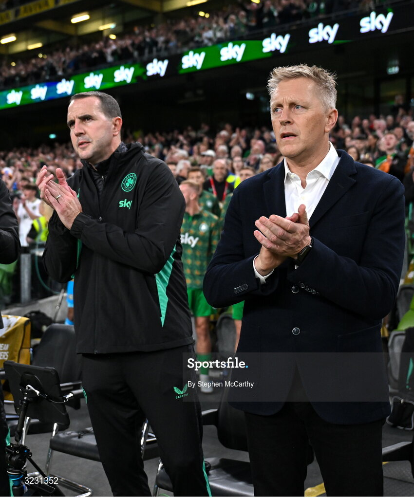 6 September 2025; Republic of Ireland head coach Heimir Hallgrimsson, right, and assistant head coach John O'Shea before the FIFA World Cup 2026 Group F qualifying match between Republic of Ireland and Hungary at the Aviva Stadium in Dublin. Photo by Stephen McCarthy/Sportsfile