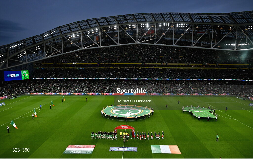 6 September 2025; Players from both teams stand for the playing of the national anthems ahead of the FIFA World Cup 2026 Group F qualifying match between Republic of Ireland and Hungary at the Aviva Stadium in Dublin. Photo by Piaras Ó Mídheach/Sportsfile