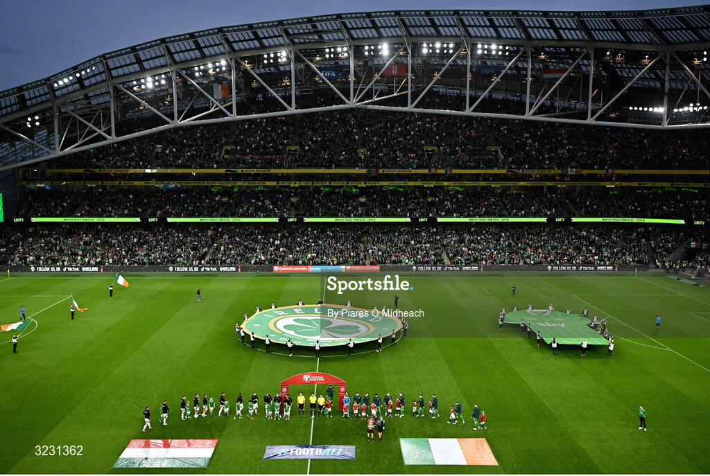 6 September 2025; Players from both teams stand for the playing of the national anthems ahead of the FIFA World Cup 2026 Group F qualifying match between Republic of Ireland and Hungary at the Aviva Stadium in Dublin. Photo by Piaras Ó Mídheach/Sportsfile