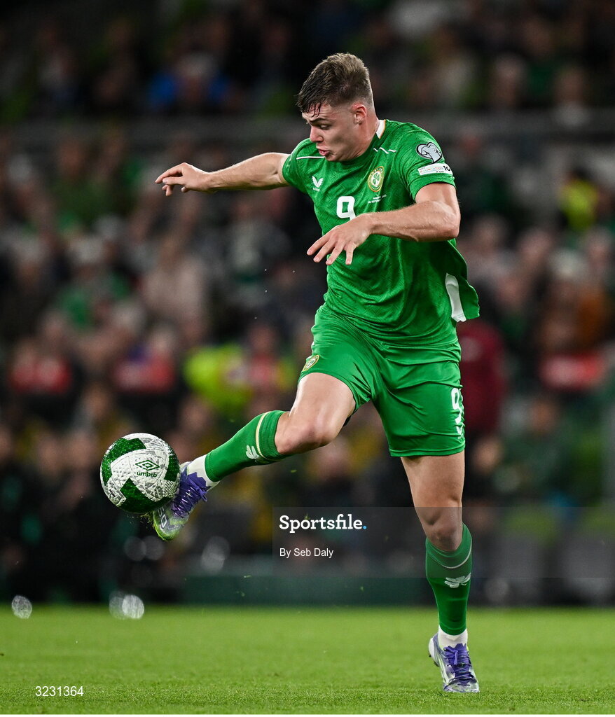 6 September 2025; Evan Ferguson of Republic of Ireland during the FIFA World Cup 2026 Group F qualifying match between Republic of Ireland and Hungary at the Aviva Stadium in Dublin. Photo by Seb Daly/Sportsfile