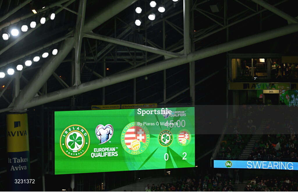 6 September 2025; The big screen shows the score at half-time during the FIFA World Cup 2026 Group F qualifying match between Republic of Ireland and Hungary at the Aviva Stadium in Dublin. Photo by Piaras Ó Mídheach/Sportsfile