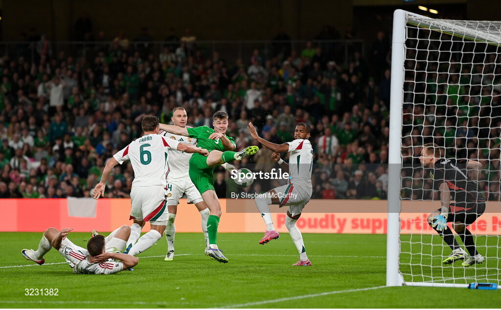 6 September 2025; Evan Ferguson of Republic of Ireland, 9, scores his side's first goal during the FIFA World Cup 2026 Group F qualifying match between Republic of Ireland and Hungary at the Aviva Stadium in Dublin. Photo by Stephen McCarthy/Sportsfile