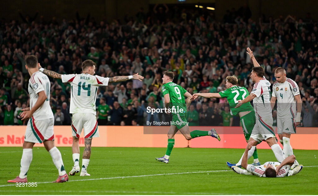 6 September 2025; Evan Ferguson of Republic of Ireland, 9, after scoring his side's first goal during the FIFA World Cup 2026 Group F qualifying match between Republic of Ireland and Hungary at the Aviva Stadium in Dublin. Photo by Stephen McCarthy/Sportsfile