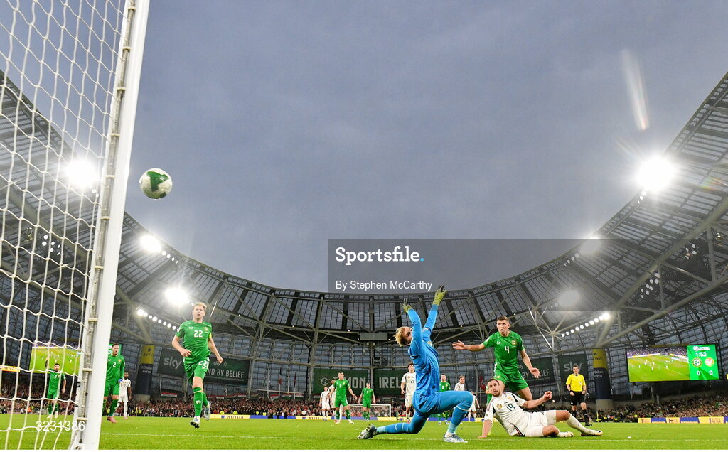 6 September 2025; Barnabás Varga of Hungary scores his side's first goal past Republic of Ireland goalkeeper Caoimhin Kelleher during the FIFA World Cup 2026 Group F qualifying match between Republic of Ireland and Hungary at the Aviva Stadium in Dublin. Photo by Stephen McCarthy/Sportsfile